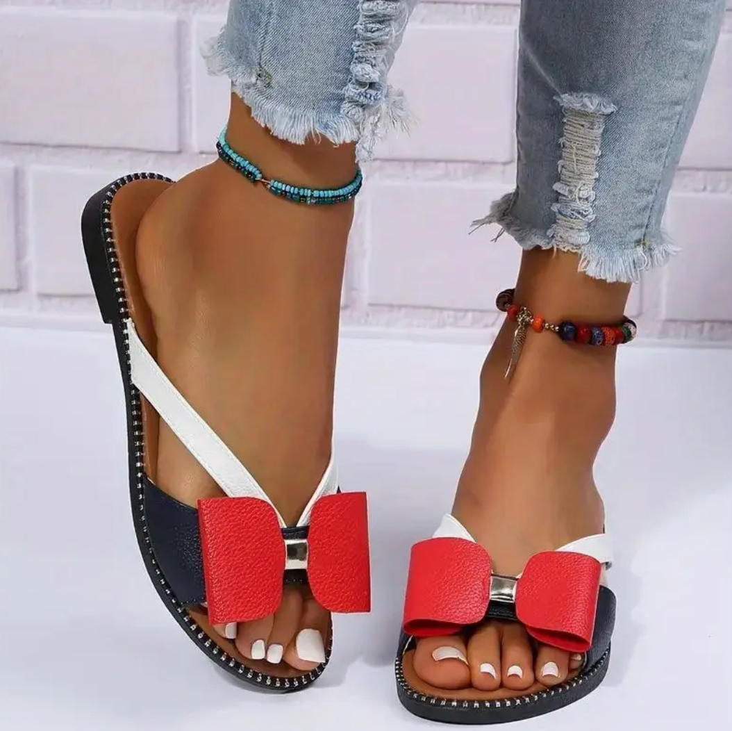 Comelyy Colorblock Bowknot Fashion Open Toe Non-slip Slides Flat Slippers